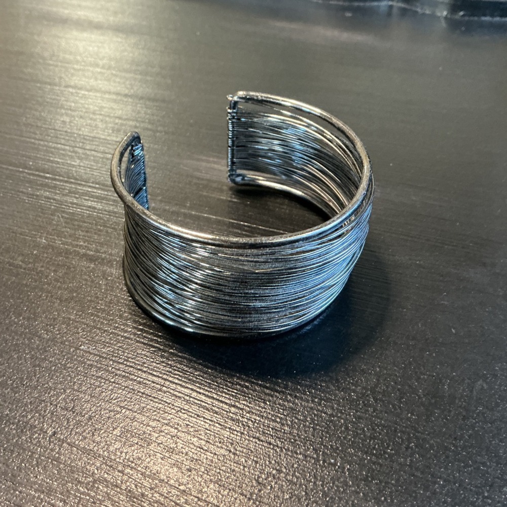 Gunmetal Multi Strand Wire Cuff Bracelet Wide Statement Bangle Modernist Silver